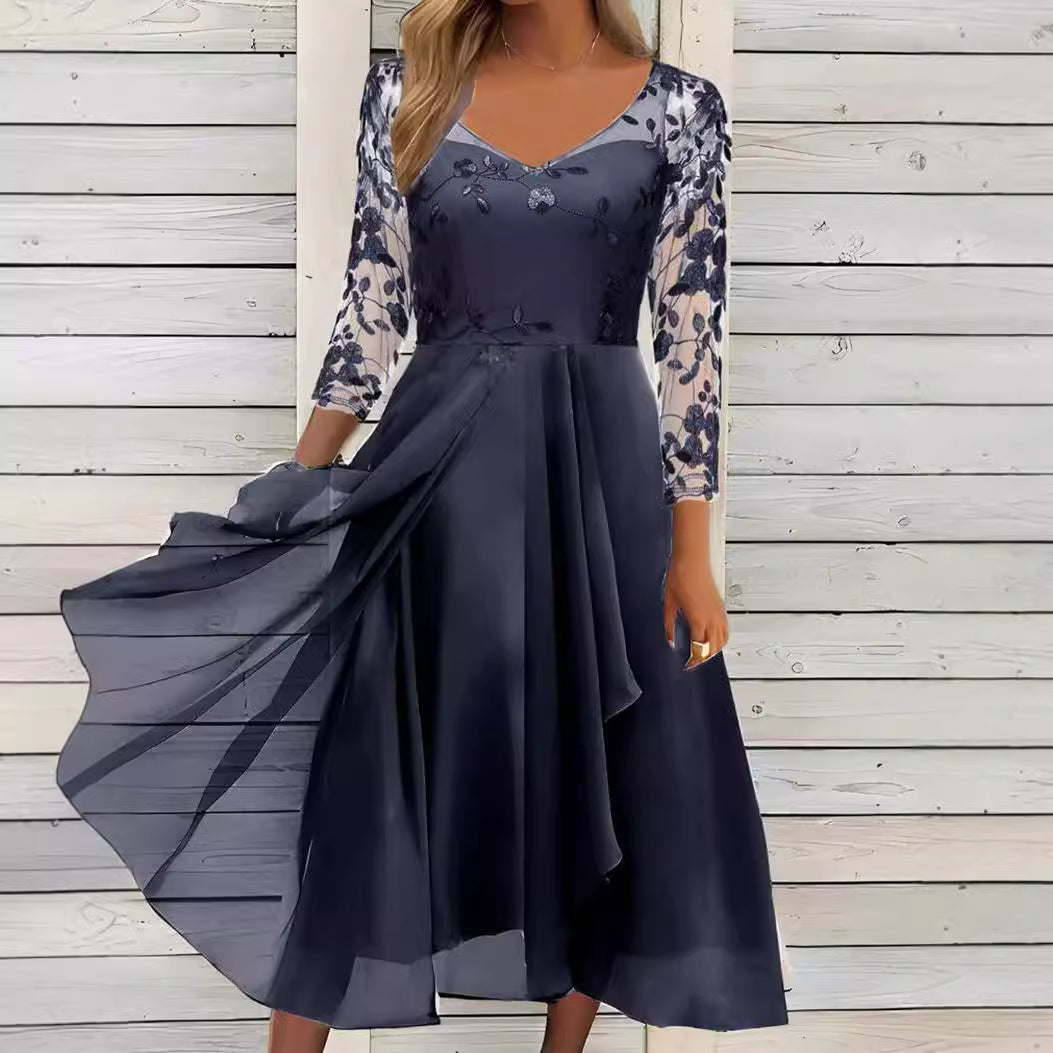 Dame nan V-hals chiffon midikjole med broderet bustier, gennemsigtige trekvartærmer og asymmetrisk lagkjole Skovae