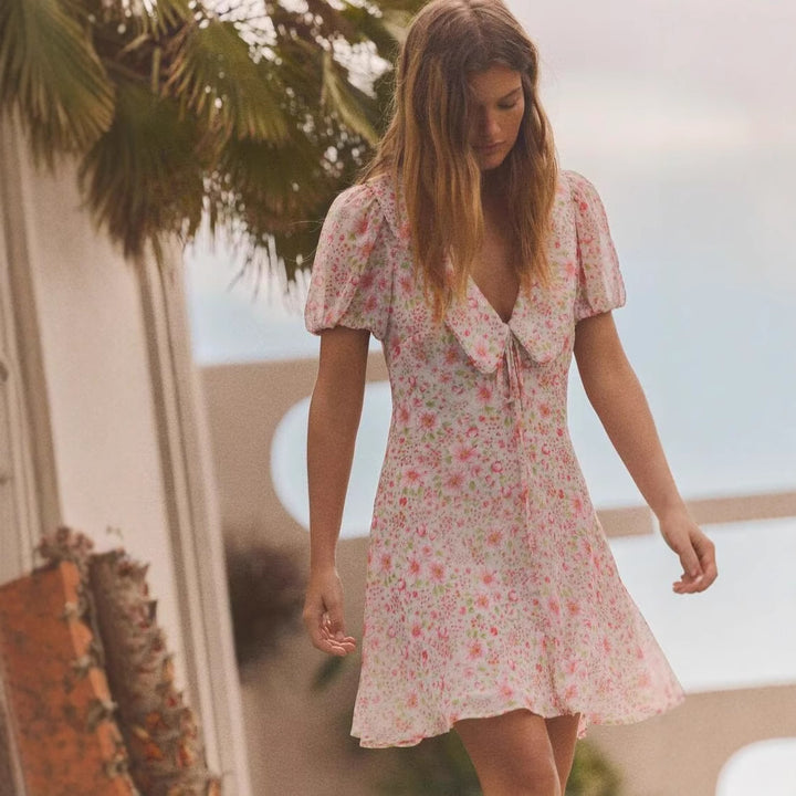 Dame Floral Print Mini Kjole med Rynkede Ærmer Stilla