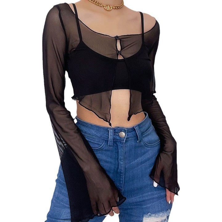 Dame gennemsigtig crop-top med raffinerede snøre detaljer og lange ærmer Stilla