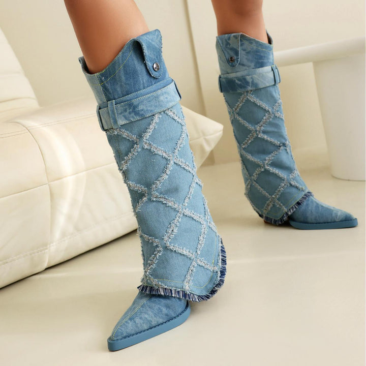 Femme Stilfulde Denim Over-knæ Cowboy-støvler Stilla