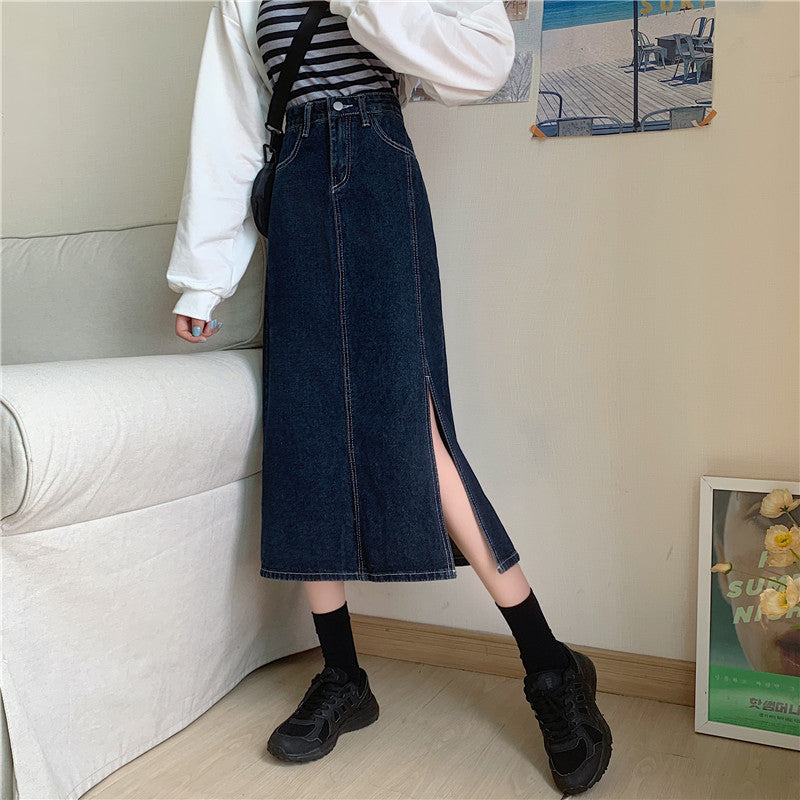 Dame Lang Denim Nederdel med Sideslids Stilla