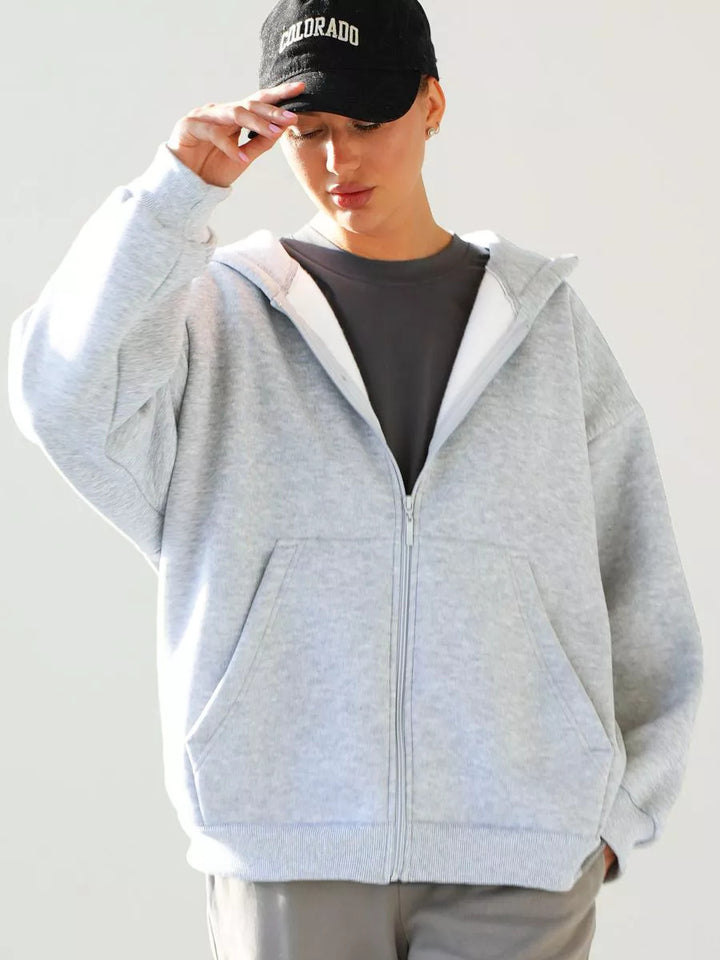 Women's Oversized Hooded Jacket with Zipper and Large Pockets Skovae