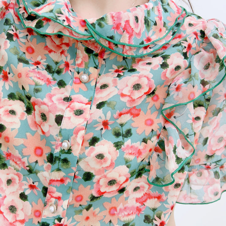 Dame Gennemsigtig Bluse med flæse-detaljer og blomster mønster Stilla