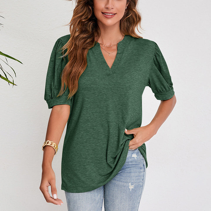 Dame Casual T-shirt med puffærmer og detaljeret designet V-hals Stilla