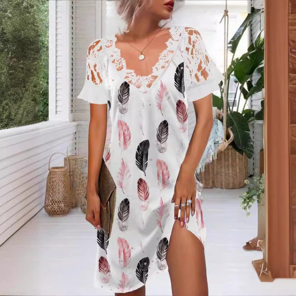 Stilla | Elegant Blonde Spliced Printet V-Hals Kjole