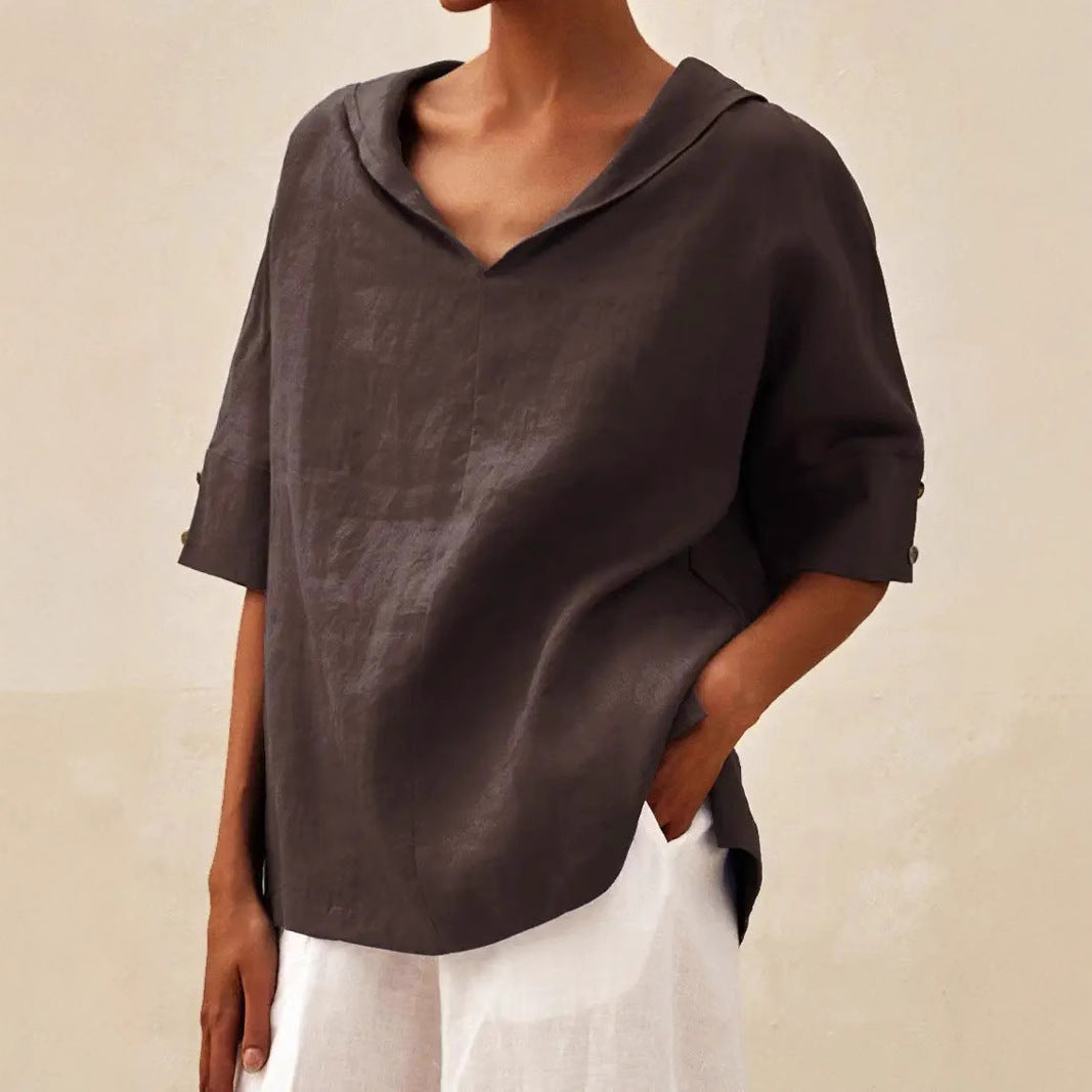 Dame afslappet linned blouse med hætte og korte ærmer Stilla