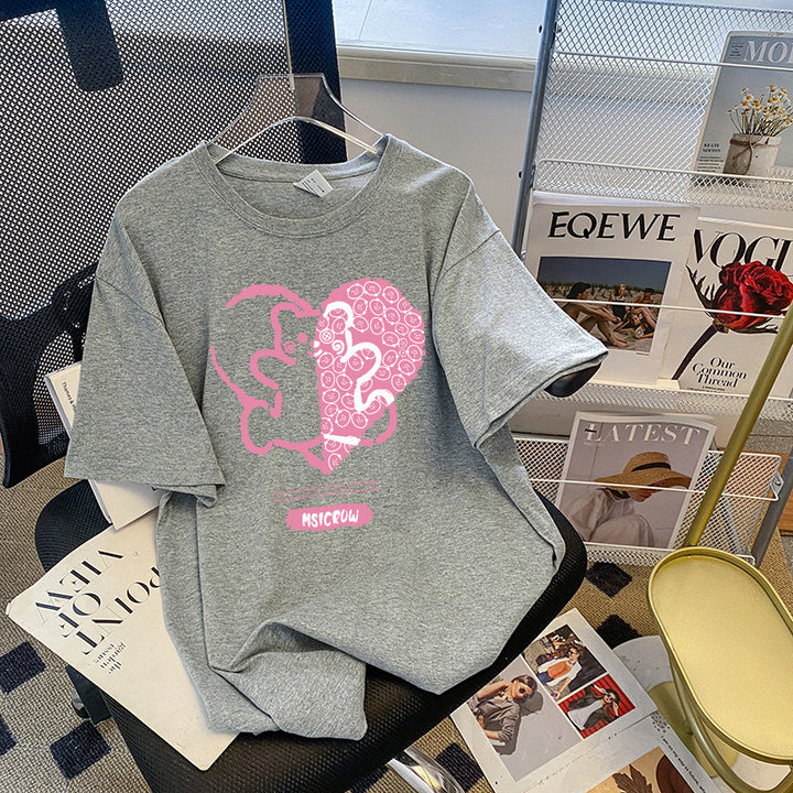 Dame T-shirt med kreativt hjerte- og dyremotiv Stilla
