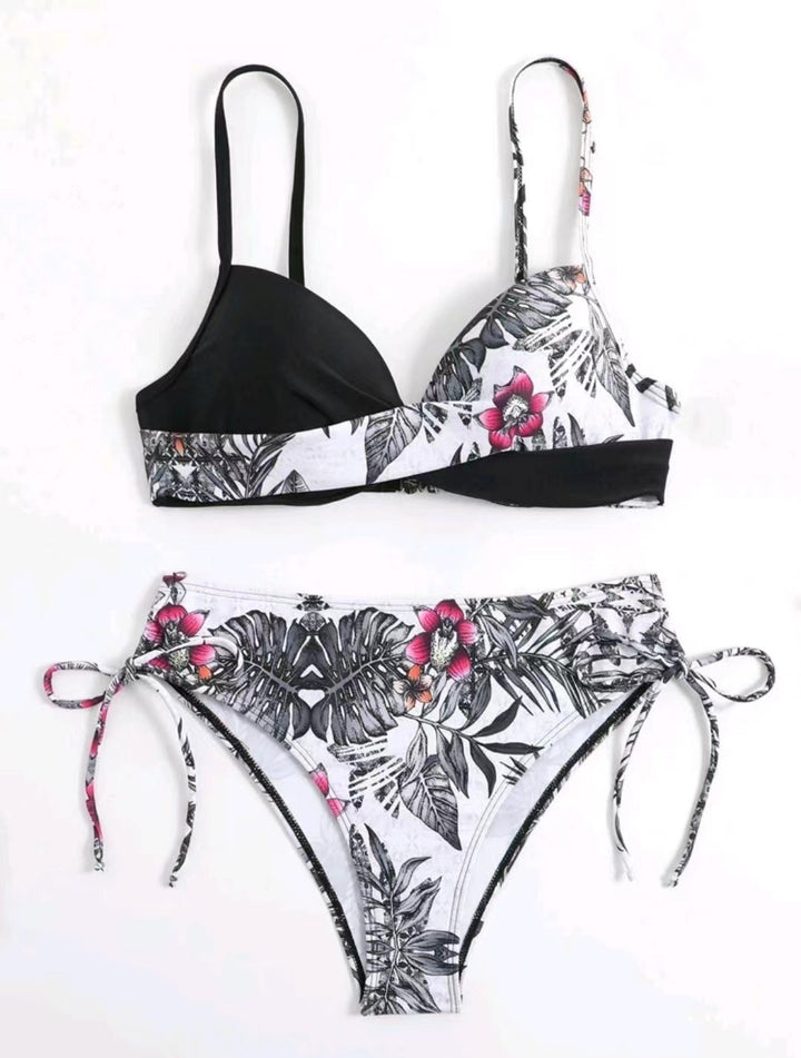 Dame Triangel-Bikini-Sæt med tropisk design og justerbare seler Stilla
