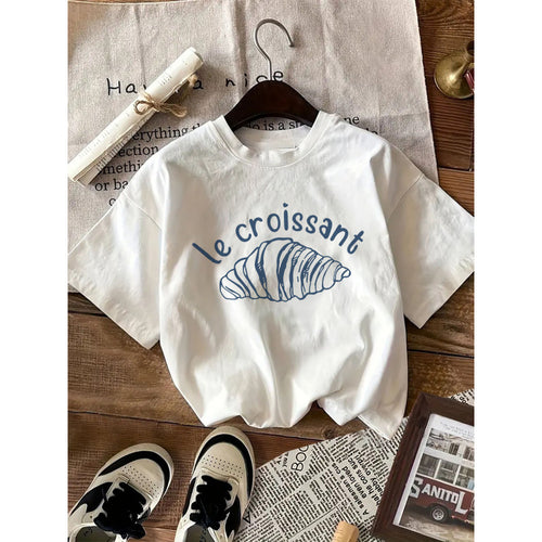 Dame T-shirt med kreativt croissant-motiv og afslappet oversized-snit Stilla
