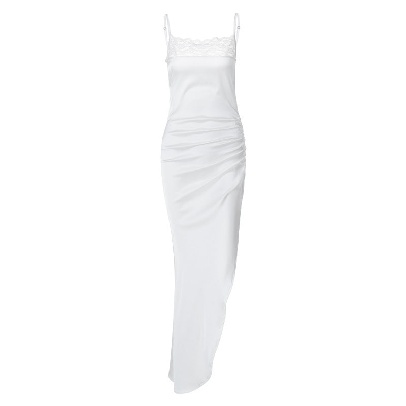 Dame Elegant Chiffon Aftenkjole med Spidsoberdel og asymmetrisk snit Stilla
