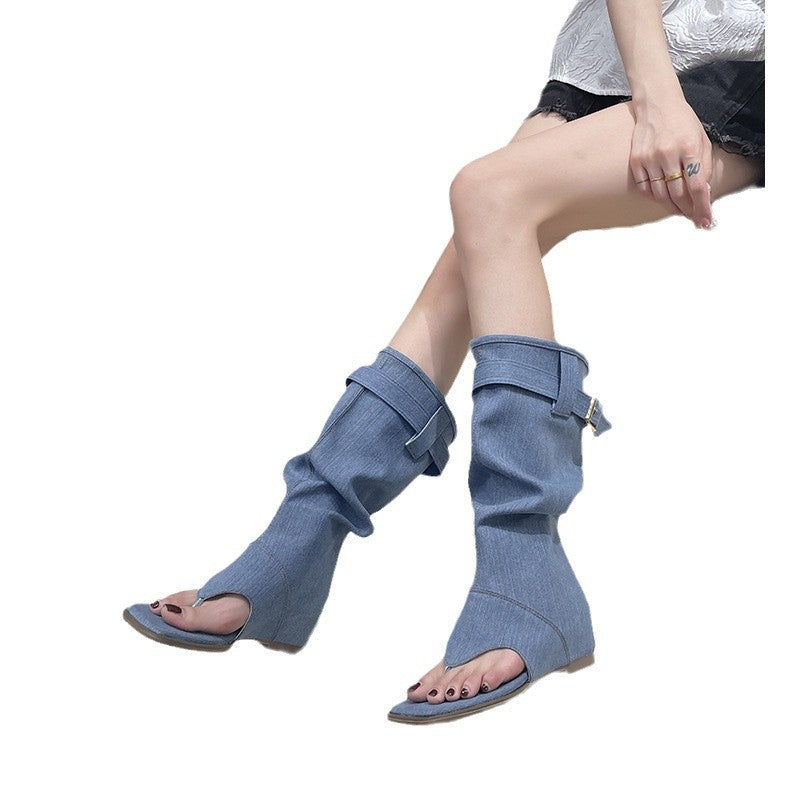 Dame Komfortable Wedge-Pantoletten i moderigtigt Denim-design Stilla
