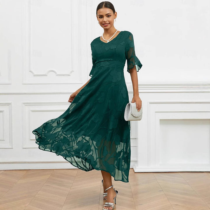 Dame elegant Midikjole med blomster Chiffon og V-udskæring Stilla