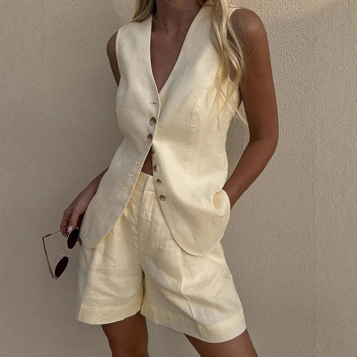 Femme Figursyet Linned blazer og shorts-sæt Stilla