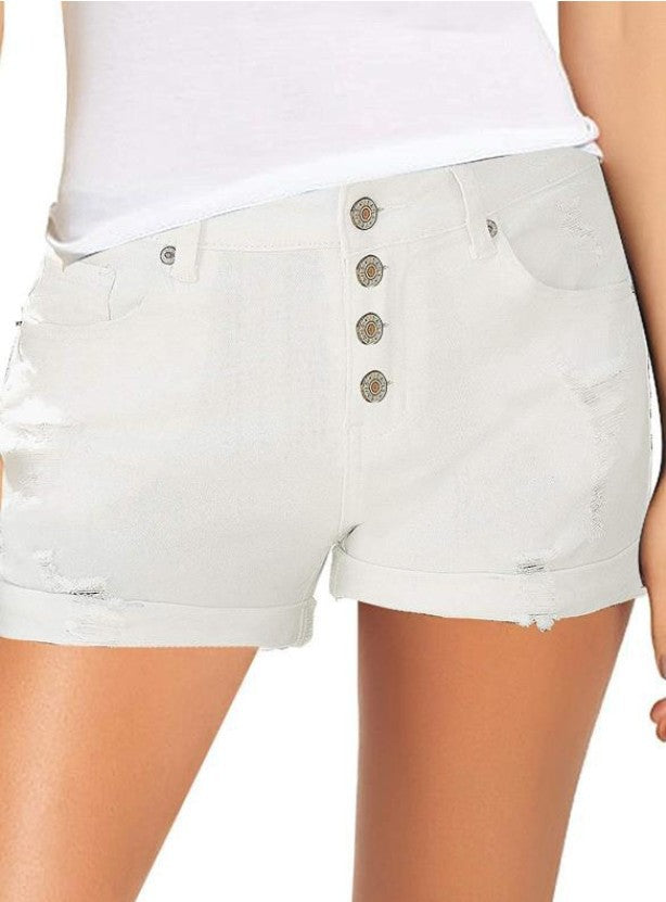 Dame mode High-Waist Denim-Shorts med knapdetaljer og frynsede kanter Skovae