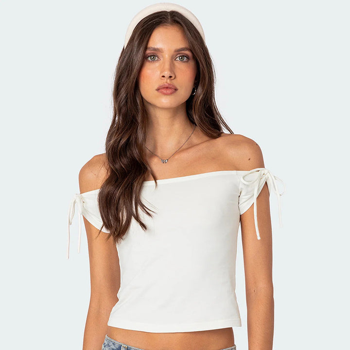 Dame top med off-shoulder-design og bindebånd Skovae