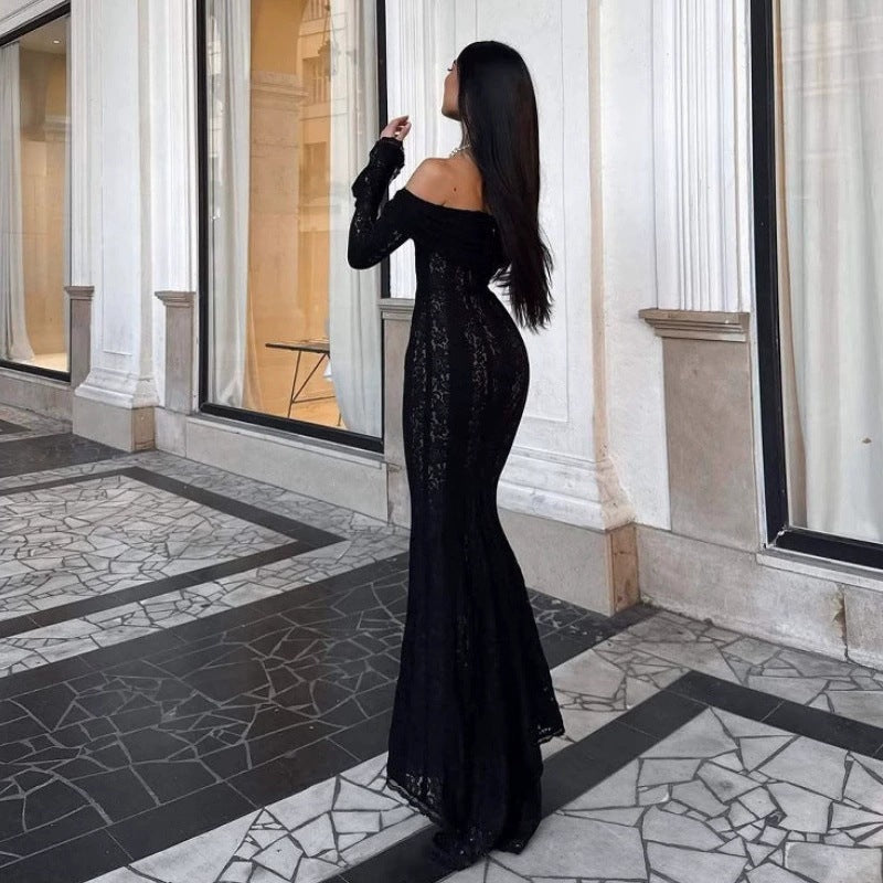 Damer Elegant Blondekjole i tætsiddende snit med Off-Shoulder Design Skovae