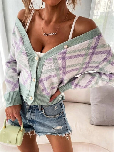 Dame moderigtig strikcardigan med ternet mønster og elegant knapliste Stilla