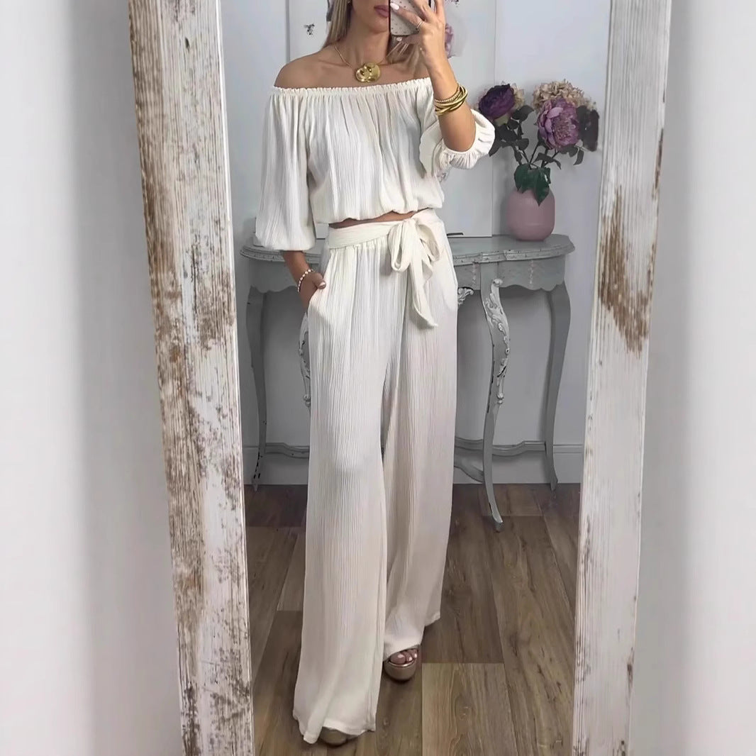 Dame Elegant To-delt Sæt med bred bukse stil og off-shoulder top Stilla