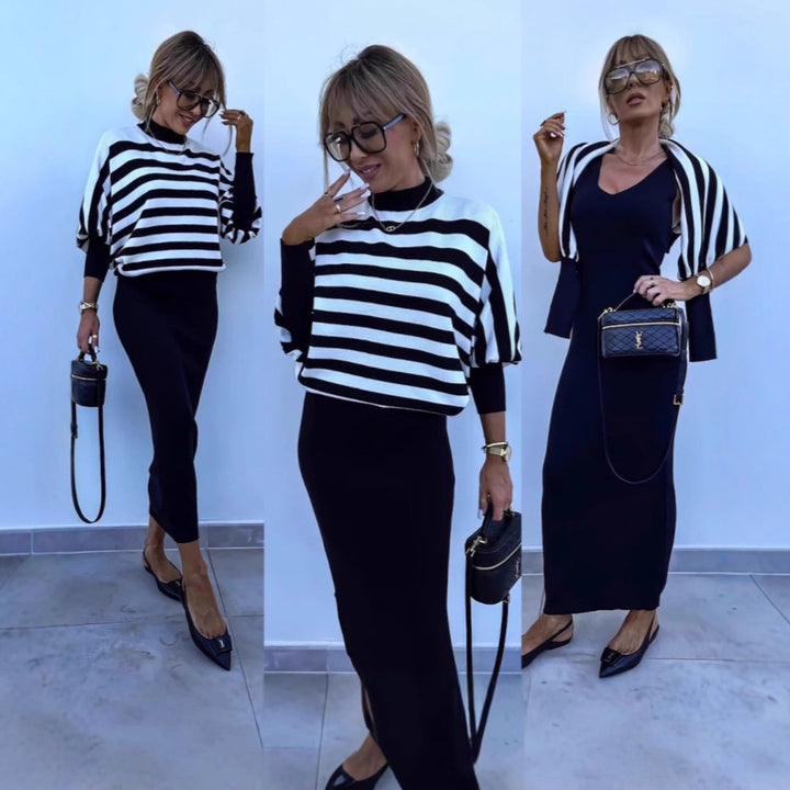 Kvindernes elegante stribede maxi kjole med casual sweater Skovae