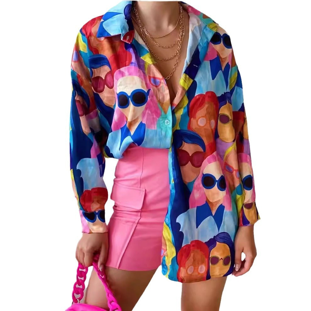 Dame Oversized Bluse med farverige illustrationer Stilla