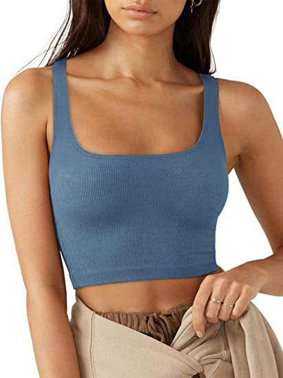 Dame cropped top med brede stropper og fint ribmønster Skovae