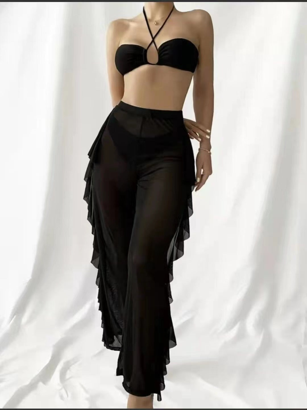 Dame Strandoutfit med rynker og bandeau-top Stilla