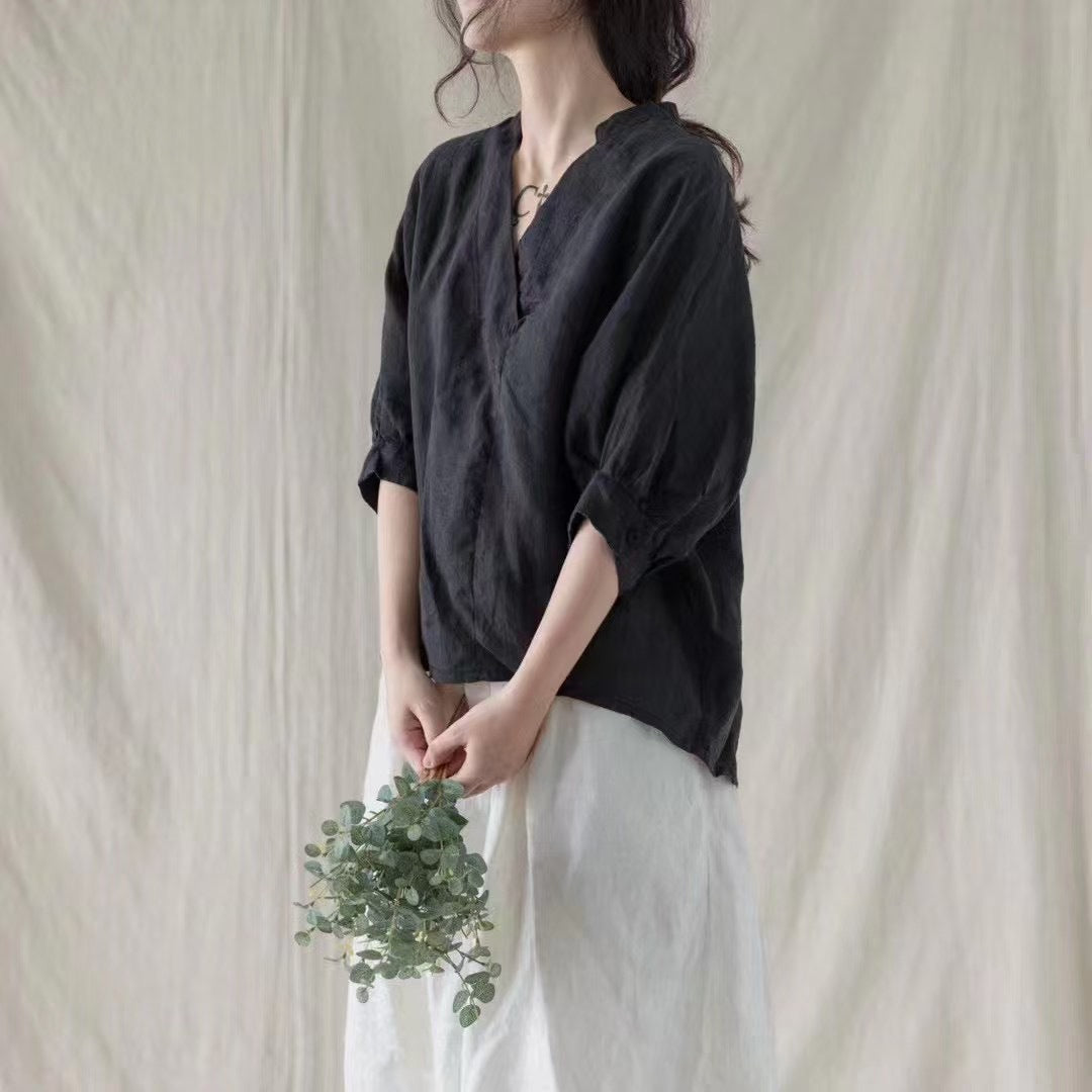 Femme let V-hals hør bluse Stilla