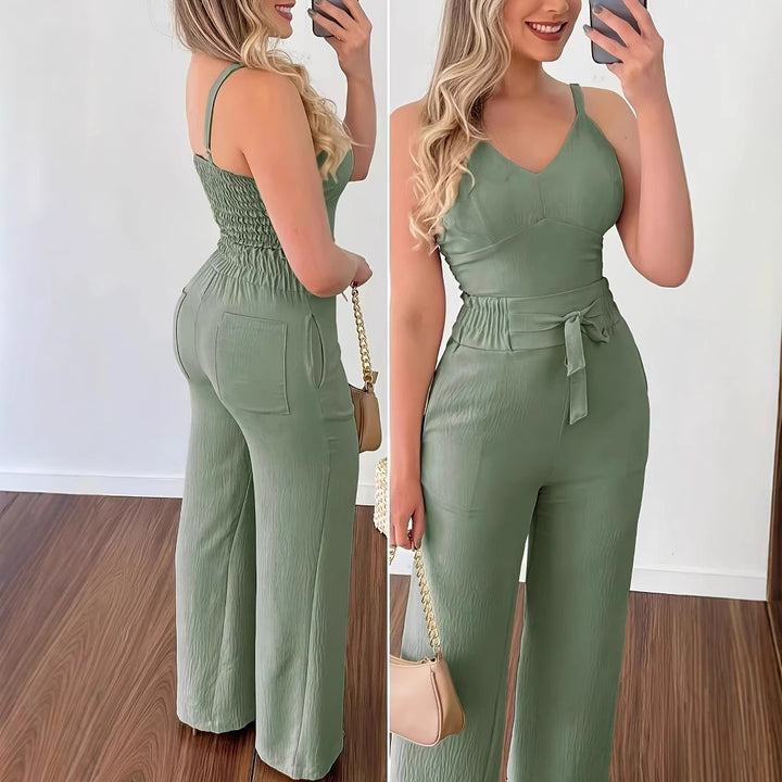 Dame bredskåret jumpsuit med justerbart taljebælte Stilla