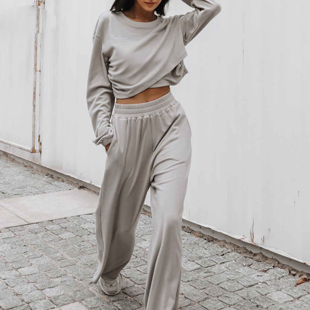 Kvinder Cropped Sweatshirt og Bred Joggingbuks Sæt Skovae