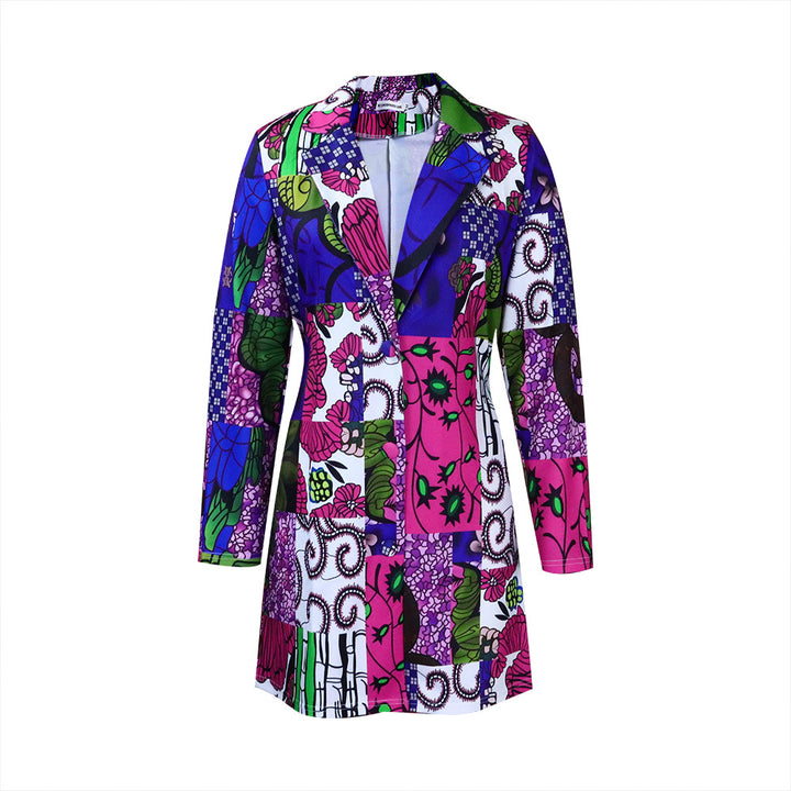 Dame Lang Blazer med farverig Patchwork-design og dekorativ krave Stilla