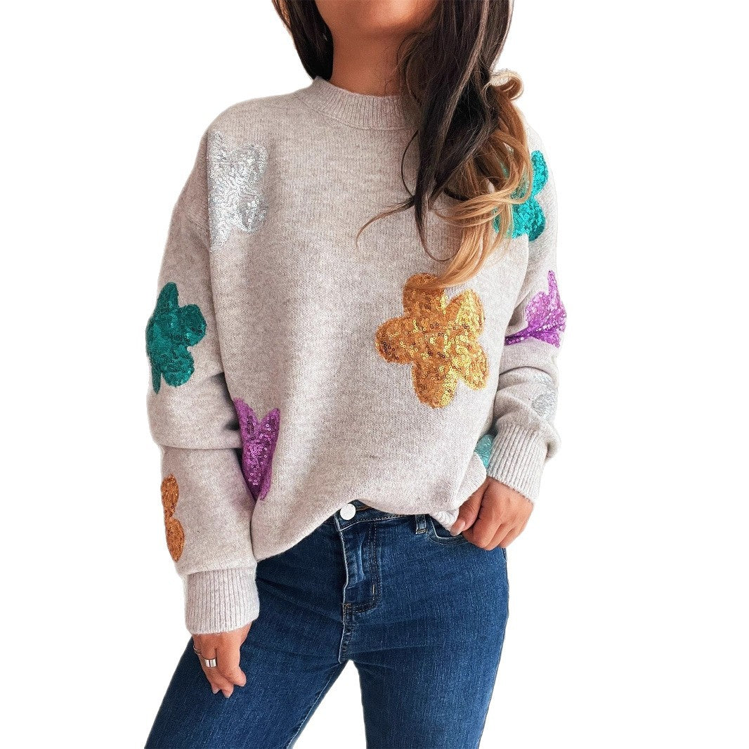 Kvinders sweater med farverige pailletblomster Stilla