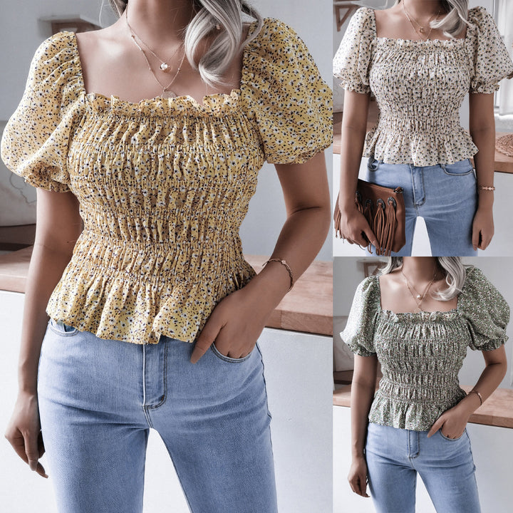 Dame Puffærme Bluse med rynket design og flæse kant Stilla