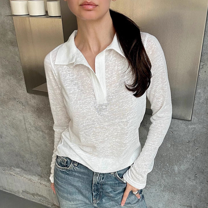 Dame Langærmet Poloshirt med struktureret stof og elegant krave Stilla