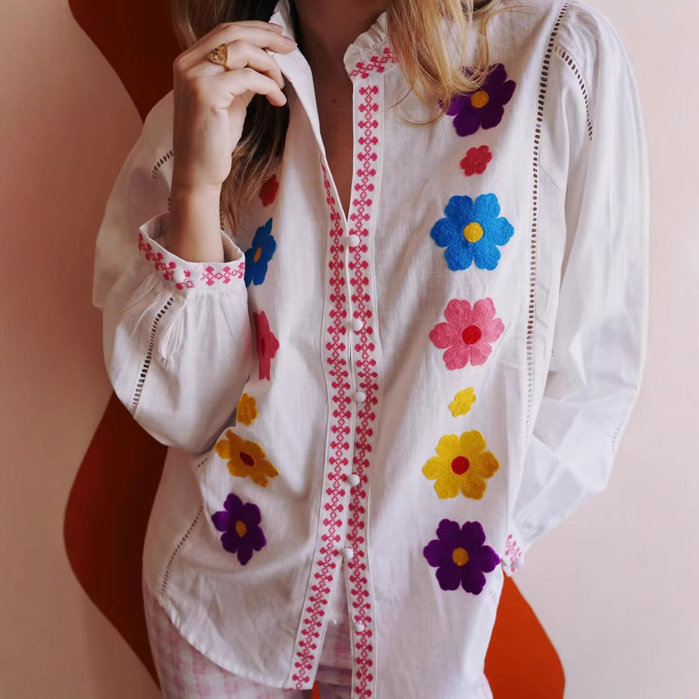 Femme Broderet Langærmet Button-Up Skjorte Stilla