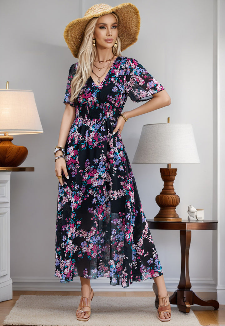 Dame Flydende Maxikjole med blomsterdesign og elastisk talje Stilla