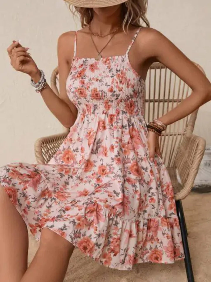 Dame Smocked Floral Sommer Mini Kjole Stilla