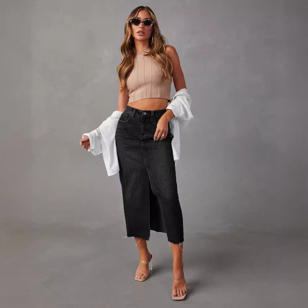 Dame Casual Denim Nederdel med sidelisk og frynset kant Stilla
