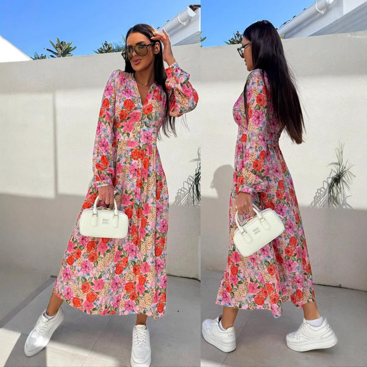 Dame Floral Print Maxikjole med Knaplån Stilla