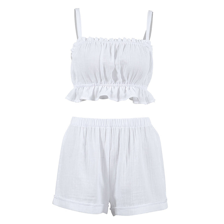 Dame afslappet overdel og shorts sæt med flæse detaljer Stilla