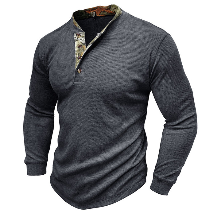Herrer stilfuld langærmet Henley-shirt med struktureret design og elegant knaplukning Stilla