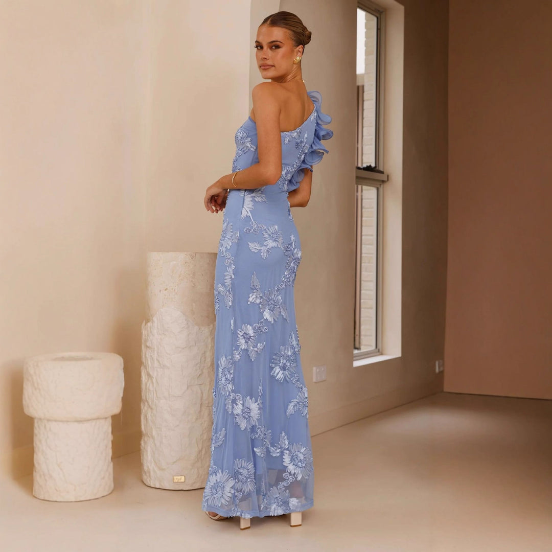 Kvinder Elegant Aftenkjole med Asymmetrisk Strop og Blomster Applikationer Stilla