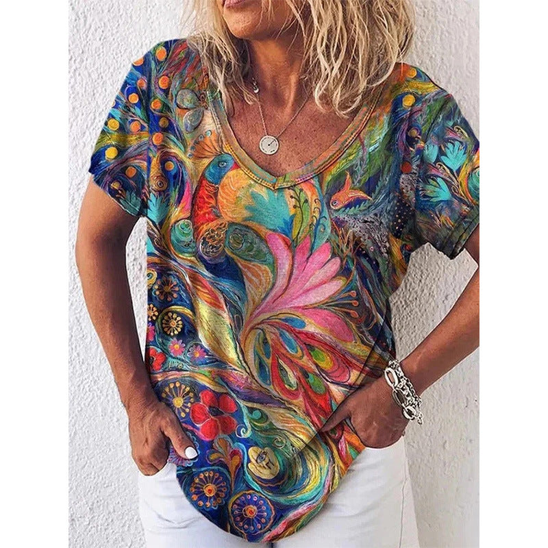 Kvinder V-hals Kunstnerisk Tryk T-shirt Stilla