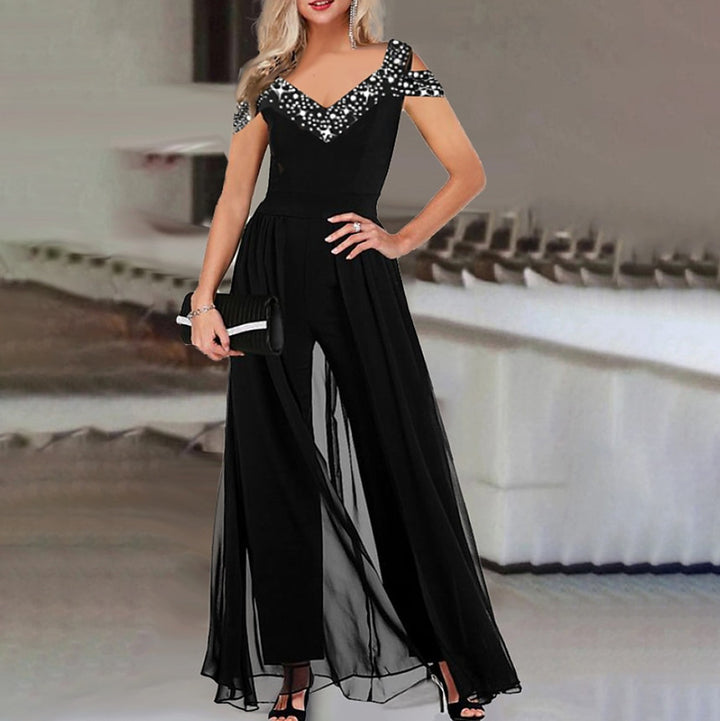 Dame elegant Empire-liv jumpsuit med gennemsigtig overlay Stilla