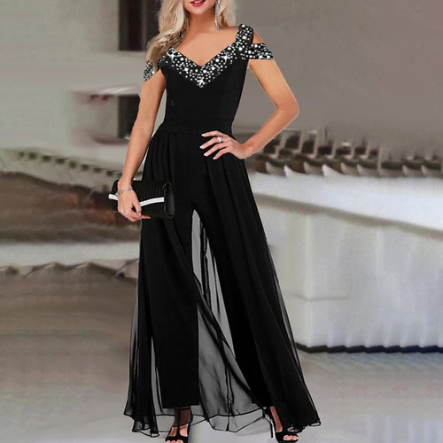Dame elegant Empire-liv jumpsuit med gennemsigtig overlay Stilla