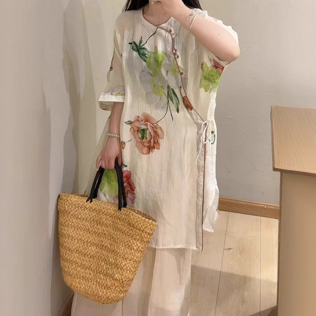 Dame Floral Broderet Linned Tunika Stilla