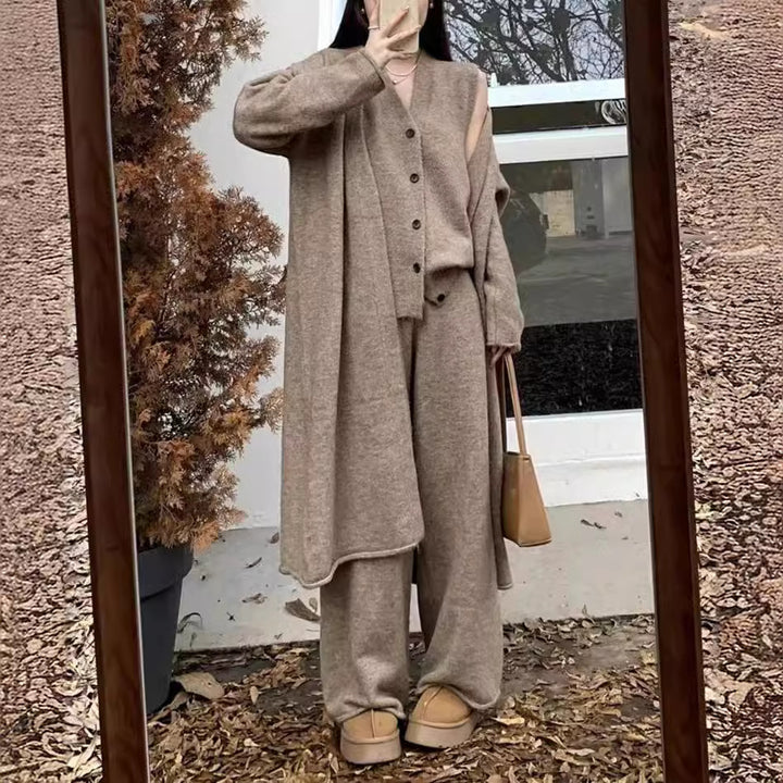 Damer elegant strikket sæt med lang cardigan og brede bukser Stilla