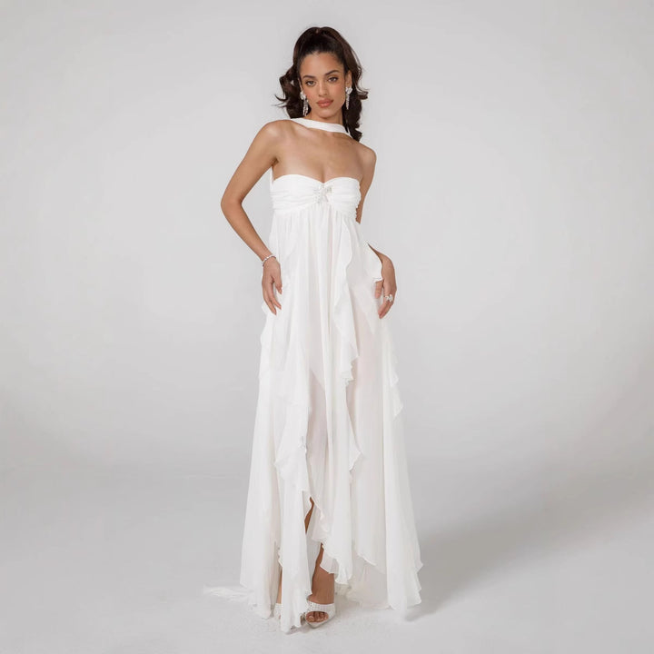 Dame Elegant Maxi Kjole med asymmetrisk søm og fine flæsedetaljer Skovae