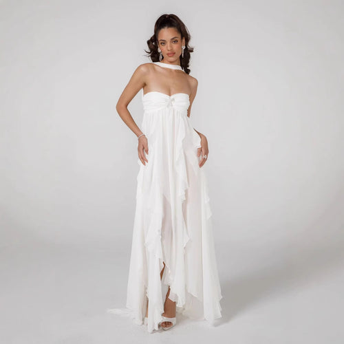 Dame Elegant Maxi Kjole med asymmetrisk søm og fine flæsedetaljer Skovae