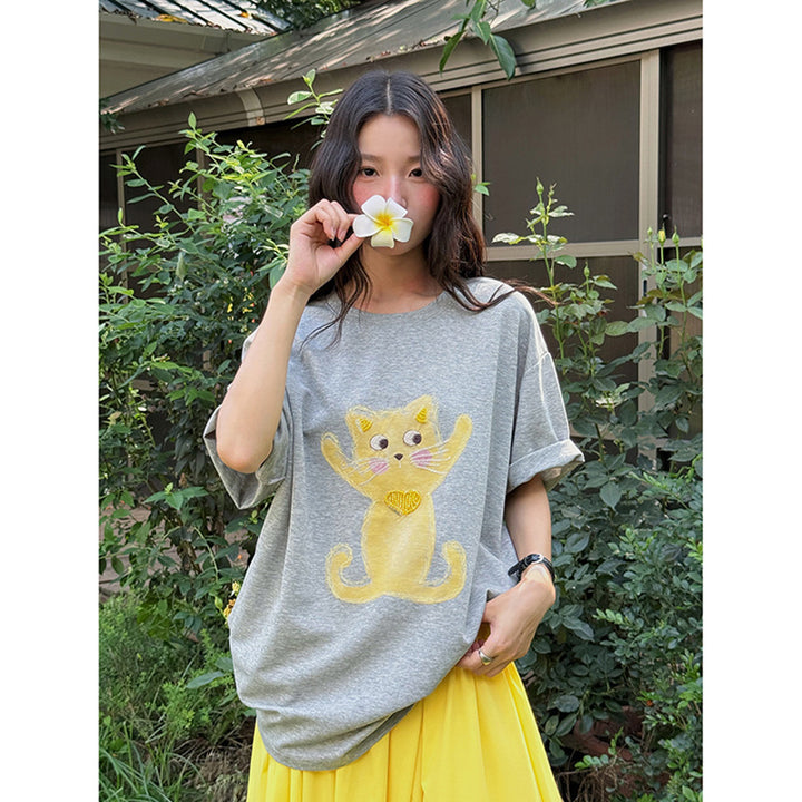 Dame T-shirt med kreativ kattemotiv og afslappet snit Stilla