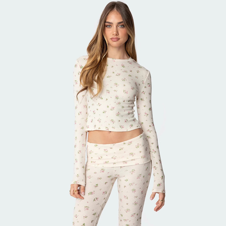 Dame Lounge-sæt lavet af blødt jersey-stof med blomsterprint Skovae